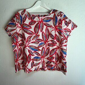 J.Crew Womens White Red Leaf Print Linen Cotton Short Sleeve Top XXL F1172 New